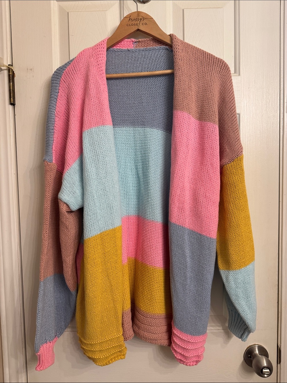 Pastel Colorblock Open-Front Cardigan Sweater - Pink, Blue, Yellow